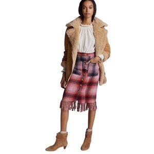 MAEVE BY ANTHROPOLIGIE PLAID FRINGED Midi Skirt, button Front Western sz 4